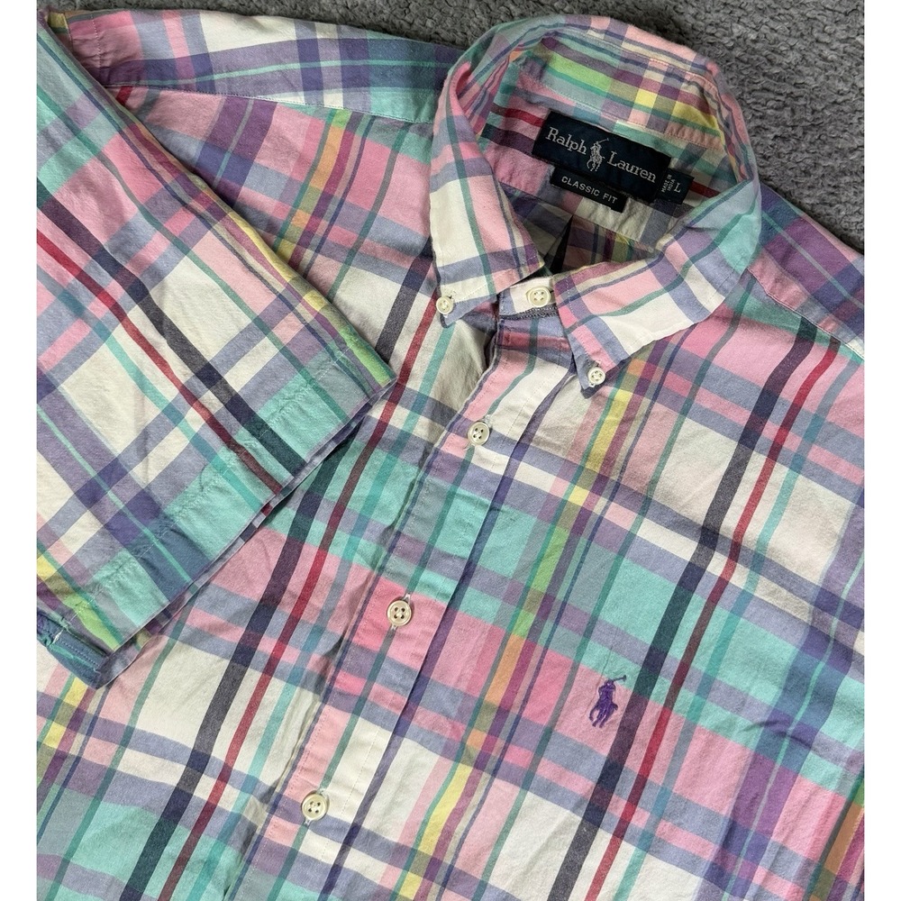 Ralph Lauren Shirt Mens L Pastel Madras Plaid Classic Fit Short Sleeve Button Up